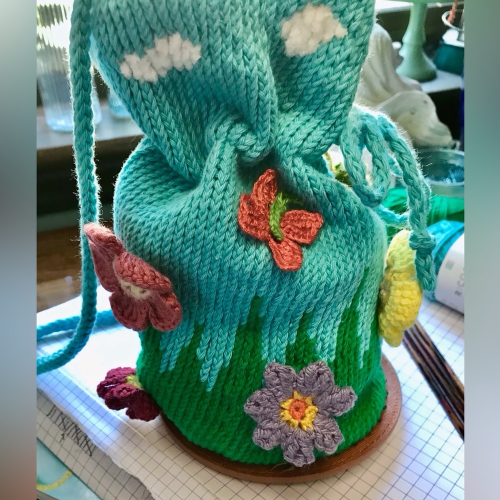 Handmade Knit & Crochet Nice Day Round Small Floral Butterfly Crossbody Bag - Picture 16 of 16